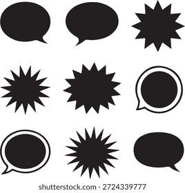 A set of nine black comic book-style speech bubbles and explosion effects on a white background.