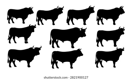 Set of nine black cow silhouettes in different stances, showcasing diverse postures and angles, ideal for agricultural, rural, or livestock themes.