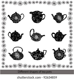 set of nine black decorated teapots on white background