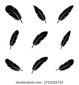 Ein Satz von neun schwarzen Federsilhouetten auf sauberem, weißem Hintergrund, ideal für den Einsatz in Grafikdesign, digitaler Kunst und visuellen Projekten, bei denen ein Hauch von Eleganz und Natur erwünscht ist.