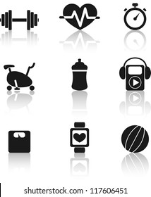 Set of nine black fitness icons with shadow