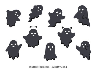 Set of nine black ghosts on white. Halloween concept.	