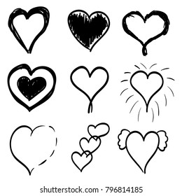 Set of nine black hand drawn heart. Hand drawn rough marker hearts isolated on white background. Vector illustration for your graphic design.