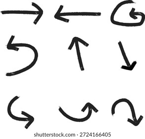 Un conjunto de nueve flechas dibujadas a mano de color negro con un efecto de trazo de pincel texturizado, que apuntan en diferentes direcciones, incluidos los caminos curvos izquierdo, derecho, arriba, abajo y abajo.