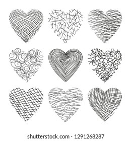 Set of nine black hearts on white background.Hearts collection in doodle style.Hand drawn vector illustration. 