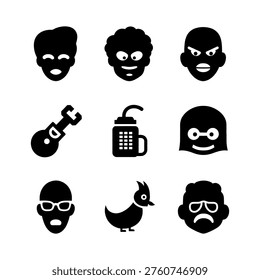 A set of nine black icons, notable for their distinctive flat silhouette style, depicting faces and objects.