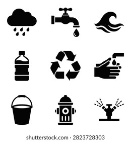 A set of nine black icons representing various aspects of water usage and conservation.