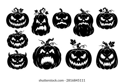 A set of nine black jack o'lantern silhouettes with different carved faces, ideal for Halloween designs and decorations. The distinctive silhouette style adds a dramatic effect.