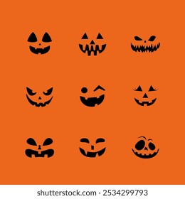 Un conjunto de nueve diseños de cara de Jack-o'-lantern negro sobre un fondo naranja. Cada cara tiene una expresión única, que va desde espeluznante hasta juguetón, perfecto para diseños o decoraciones con temas de Halloween.