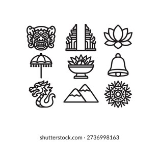 A set of nine black line icons representing traditional Balinese cultural symbols including Barong mask dragon lotus and Candi Bentar gate.