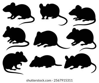 Set of nine black mouse silhouettes in various poses. isolated vector on white background.