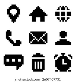 A set of nine black pixel icons, including a phone, email, home, user, chat, trash bin, and clock.