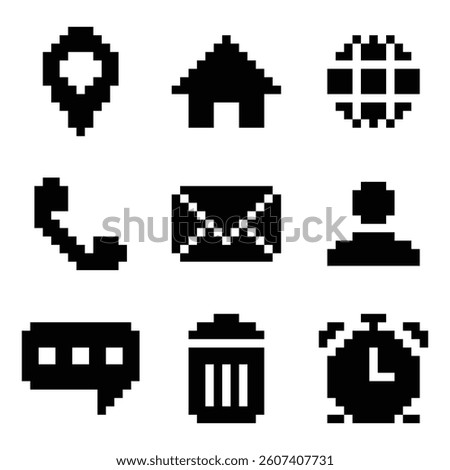 A set of nine black pixel icons, including a phone, email, home, user, chat, trash bin, and clock.