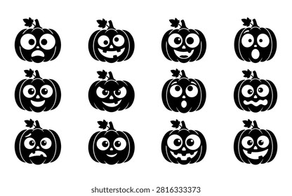 A set of nine black pumpkin silhouettes displaying various facial expressions, ideal for halloween themed designs and graphics.