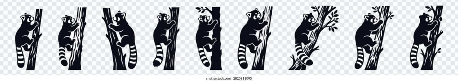 Set of nine black red panda silhouettes climbing and resting on tree trunks and branches, isolated for wildlife logos, zoo graphics, conservation posters, stickers, apparel prints, educational materials, and animal-themed designs.