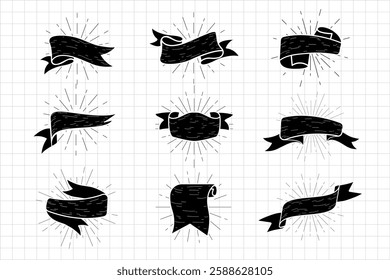 Set of nine black ribbon banners on a grid background. Each ribbon features unique shapes and styles, perfect for design, decoration, and graphic projects. Ribbon banner vector set.