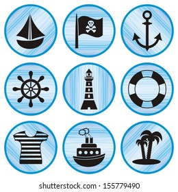 Set of nine black sailor and pirate icons in blue circles