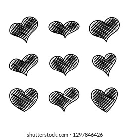 Set of nine black scribble hearts. Symbol of Love. Vector illustration.