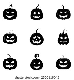 Set of Nine Black Silhouette Halloween Pumpkin Faces isolated on white background. Vector