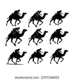 A set of nine black silhouette images of camel racers in dynamic running poses.