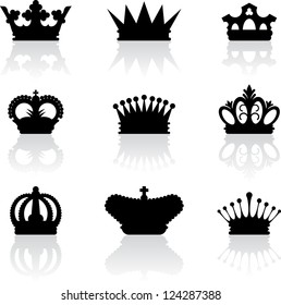 Set of nine black silhouette of king crowns