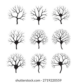 A set of nine black silhouettes of bare trees with unique branch patterns on a white background