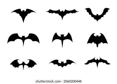 Set of nine black silhouettes of bats on white background.