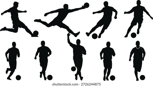 A set of nine black silhouettes depicting soccer players in dynamic poses, kicking and running with balls, showcasing athletic movements and actions in a simple, graphic style