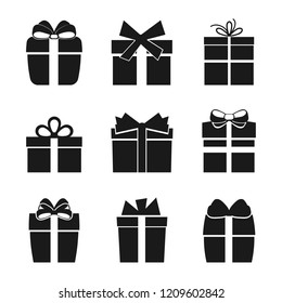 Set of nine black silhouettes of gift boxes. Vector illustration