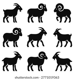 A set of nine black silhouettes of goats and rams in various poses, showcasing their distinctive horns and body shapes, isolated on white background