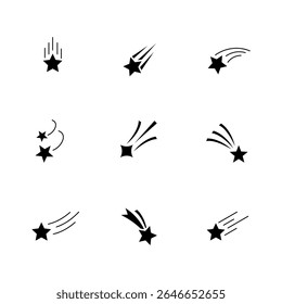 Set of nine black star icons with motion trails on a white background, representing shooting stars or meteors in various styles and directions.