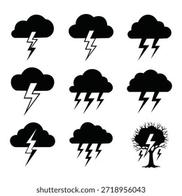 Conjunto de nueve siluetas de nubes de tormenta negras con rayos en varias poses sobre fondo blanco puro, gráficos de Vector