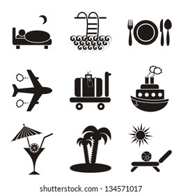 Set of nine black traveling and accommodation hotel icons