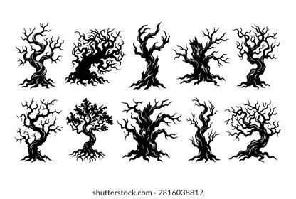 A set of nine black tree silhouettes in different forms, showcasing a distinctive and dramatic silhouette style.