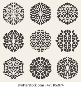 Set of Nine Black Vector Decorative Mandala Ornaments Illustration. Abstract Geometric Background Design