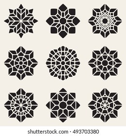 Set of Nine Black Vector Decorative Mandala Ornaments Illustration. Abstract Geometric Background Design