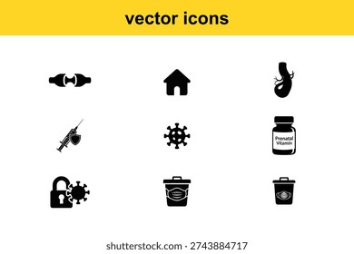 A set of nine black vector icons related to health and COVID-19 on a white background with a yellow header.


