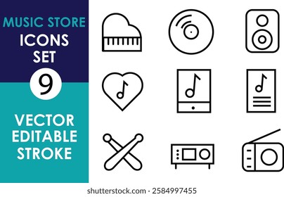 A set of nine black vector music icons, including a piano, CD, speaker, heart with a note, drumsticks, radio, and music-related symbols on a white background