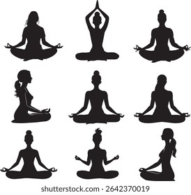 Set of nine black vector silhouettes of women in various seated yoga and meditation poses. Ideal for wellness designs, posters, or yoga class branding. Clean minimalistic style on white background.