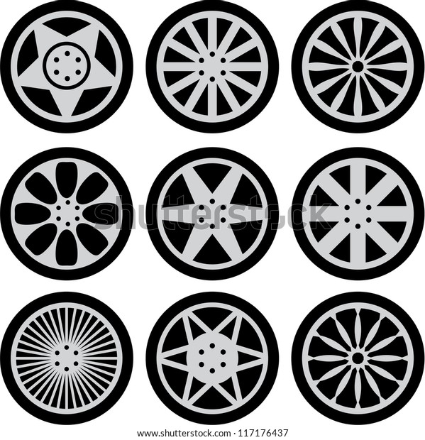 Set of nine black wheels\
silhouettes