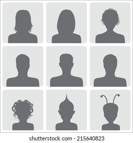 Set of nine black and white avatars as silhouettes