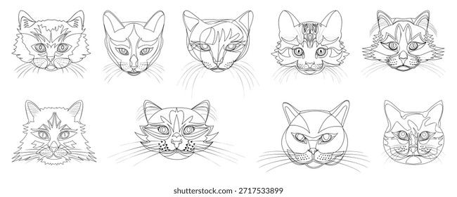 Conjunto de nueve caras de gato blanco y negro sobre un fondo blanco
