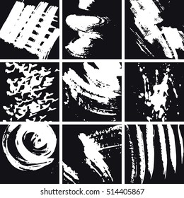 Set of nine black and white creative cards. Hand drawn textures made with brush, ink, paint. Design for poster, invitation, brochure, card, flyer. Hand painted textures: stripes, blobs, strokes, lines