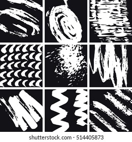 Set of nine black and white creative cards. Hand drawn textures made with brush, ink, paint. Design for poster, invitation, brochure, card, flyer. Hand painted textures: stripes, blobs, strokes, lines