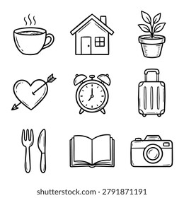 A set of nine black and white doodle icons including a coffee cup, house, plant, heart, alarm clock, suitcase, cutlery, book, and camera.