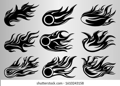 Set of nine black and white drawings of the fire. Fire tattoo illustration. Vector.