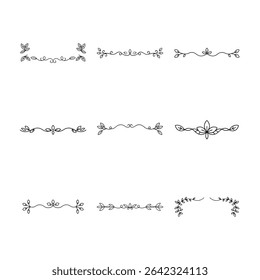 A set of nine black and white floral dividers and corner accents with simple botanical designs on a white background.