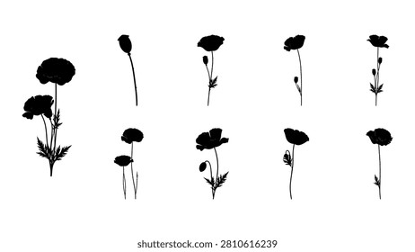 Set of nine black and white flower silhouettes showcasing various floral shapes and styles for creative projects and design use.