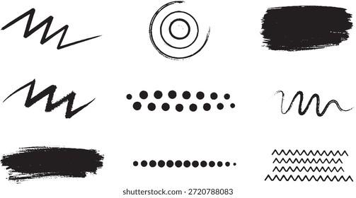 A set of nine black and white graphic elements including zigzags, circles, brush strokes, and dotted lines.