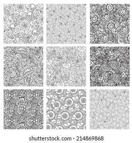 Set of nine black and white hand drawn seamless patterns (tiling).Seamless pattern can be used for wallpaper, pattern fills, web page background, surface textures. Beautiful seamless floral background